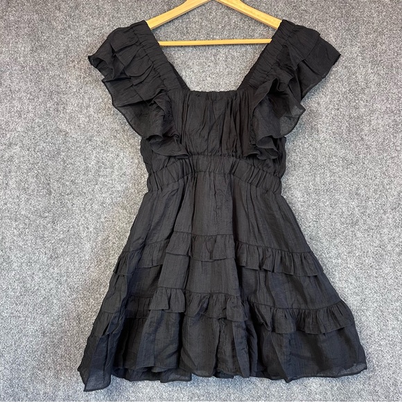 Mustard Seed ruffled flutter sleeve mini dress M layered tiered pockets coquette - Picture 7 of 15
